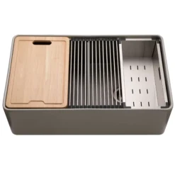 Houzer Aspire 33 inch Gray Fireclay Farmhouse Apron Front 50/50 Double Bowl Workstation Sink with Accessories - PTW-3320SD GR