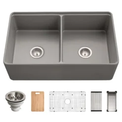 Houzer Aspire 33 inch Gray Fireclay Farmhouse Apron Front 50/50 Double Bowl Workstation Sink with Accessories - PTW-3320SD GR