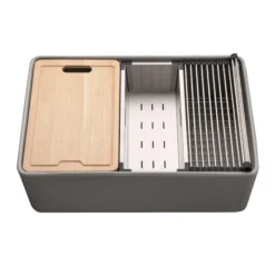 Houzer Aspire 30 inch Gray Fireclay Farmhouse Apron Front Single Bowl Workstation Sink with Accessories - PTW-3020S GR