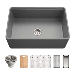 Houzer Aspire 30 inch Gray Fireclay Farmhouse Apron Front Single Bowl Workstation Sink with Accessories - PTW-3020S GR