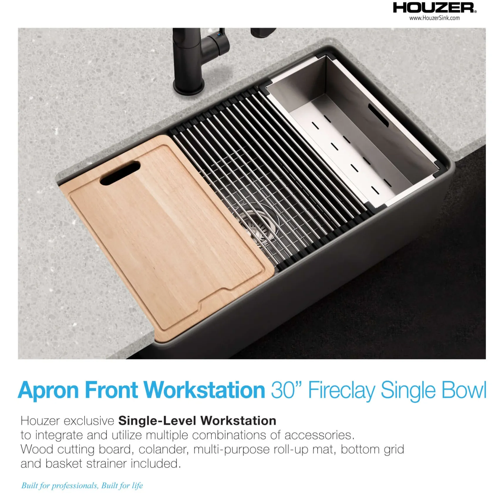 Houzer Aspire 30 inch Gray Fireclay Farmhouse Apron Front Single Bowl Workstation Sink with Accessories - PTW-3020S GR