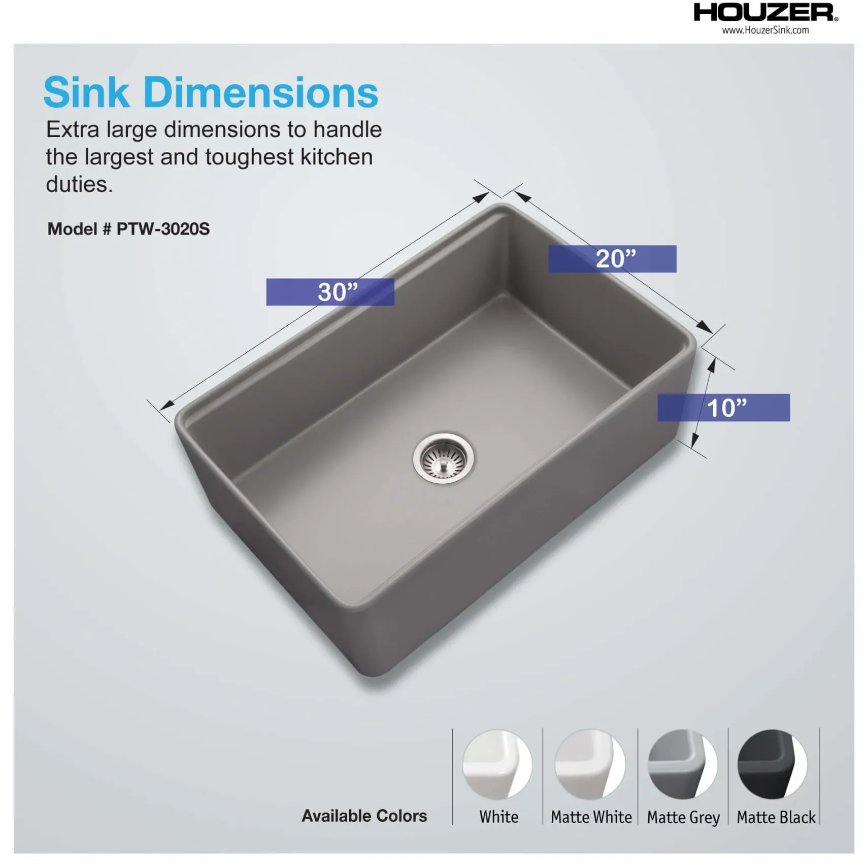 Houzer Aspire 30 inch Gray Fireclay Farmhouse Apron Front Single Bowl Workstation Sink with Accessories - PTW-3020S GR