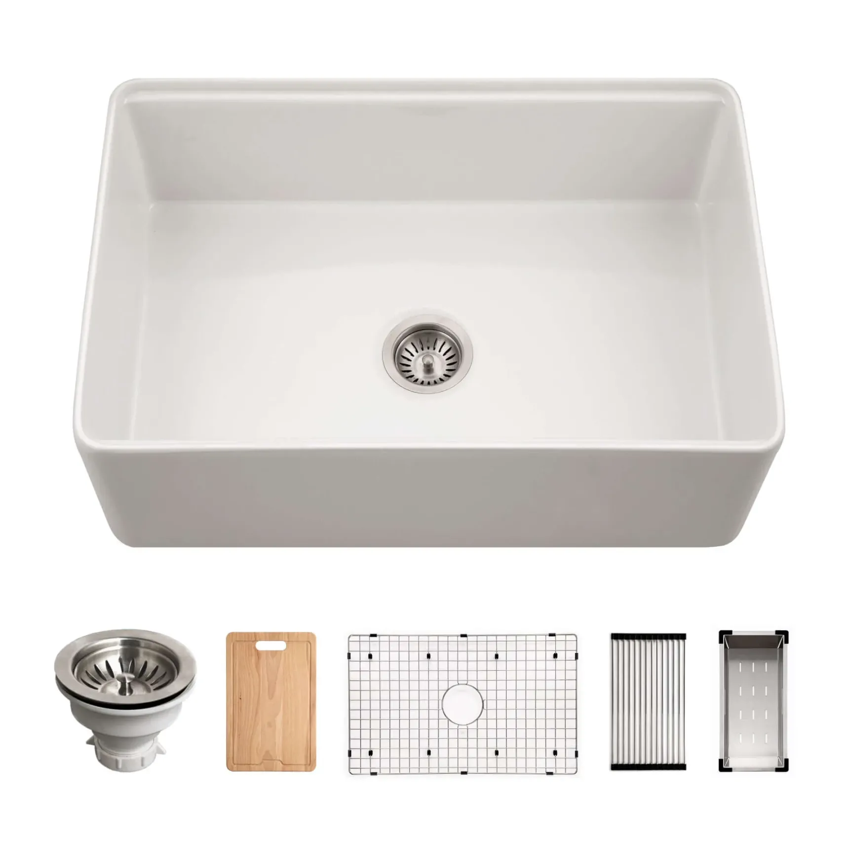 Houzer Aspire 30 inch Matte White Fireclay Farmhouse Apron Front Single Bowl Workstation Sink with Accessories PTW-3020S MWH