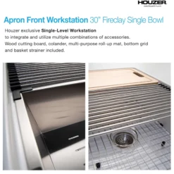 Houzer Aspire 30 inch Matte White Fireclay Farmhouse Apron Front Single Bowl Workstation Sink with Accessories PTW-3020S MWH