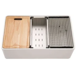 Houzer Aspire 33 inch Matte White Fireclay Farmhouse Apron Front Single Bowl Workstation with Accessories - PTW-3320S MWH