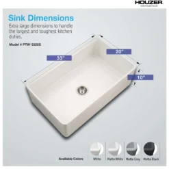 Houzer Aspire 33 inch Matte White Fireclay Farmhouse Apron Front Single Bowl Workstation with Accessories - PTW-3320S MWH