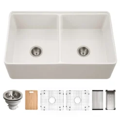 Houzer Aspire 33 inch Matte White Fireclay Farmhouse Apron Front 50/50 Double Bowl Workstation Sink with Accessories - PTW-3320SD MWH