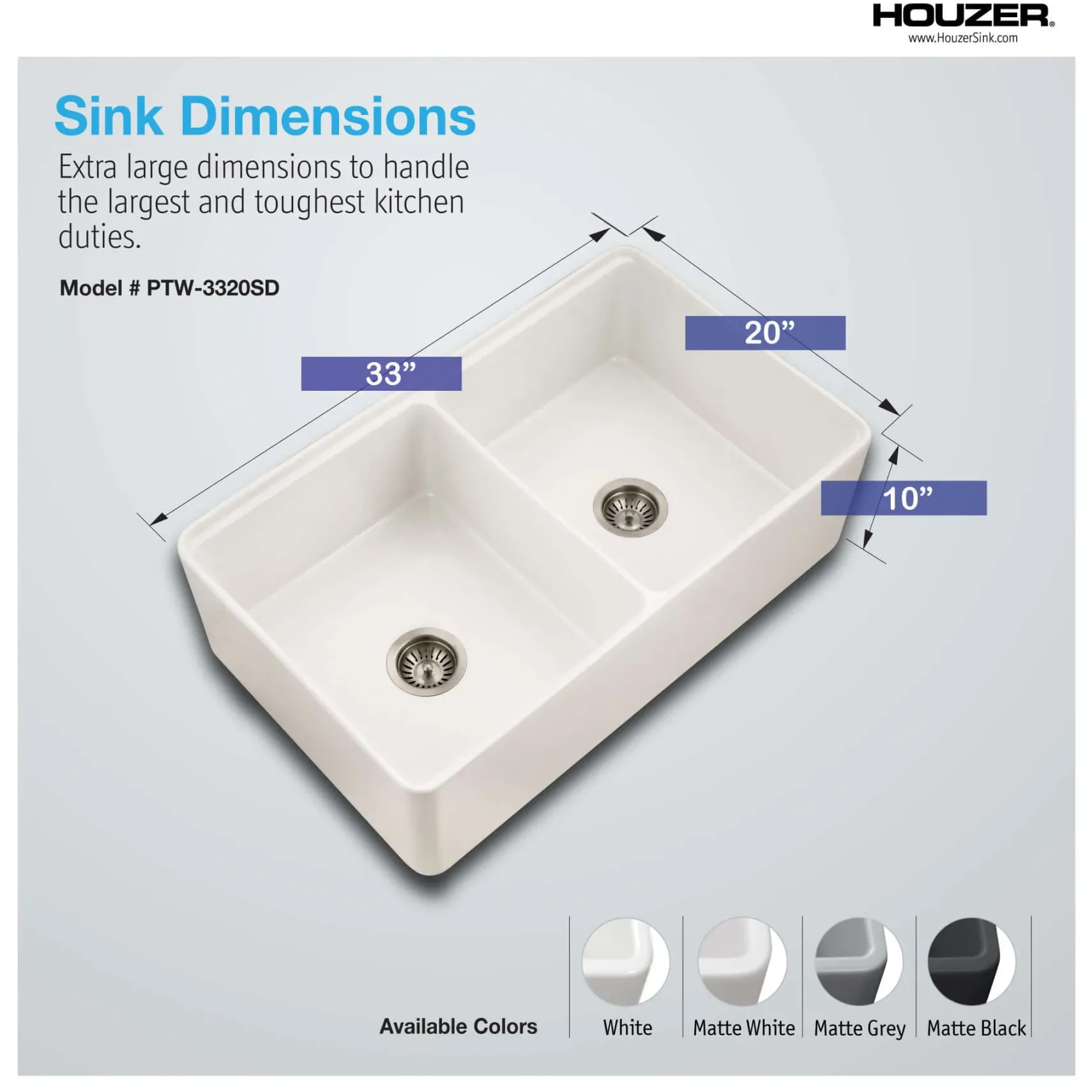 Houzer Aspire 33 inch Matte White Fireclay Farmhouse Apron Front 50/50 Double Bowl Workstation Sink with Accessories - PTW-3320SD MWH