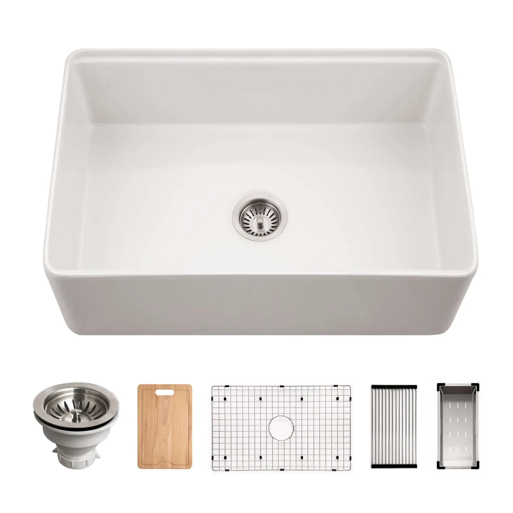 Houzer Aspire 30 inch White Fireclay Farmhouse Apron Front Single Bowl Workstation Sink with Accessories - PTW-3020S WH
