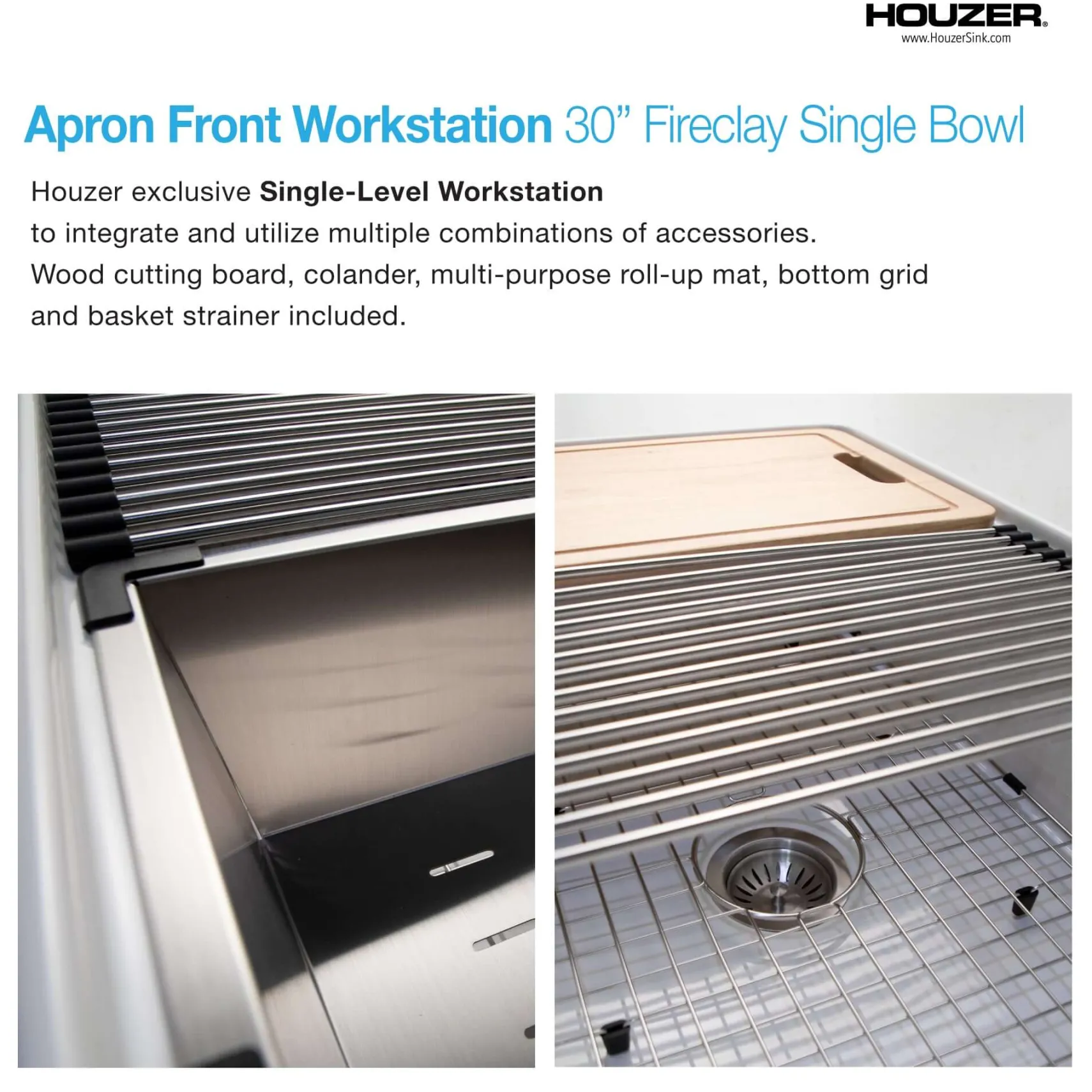 Houzer Aspire 30 inch White Fireclay Farmhouse Apron Front Single Bowl Workstation Sink with Accessories - PTW-3020S WH