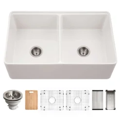 Houzer Aspire 33 inch White Fireclay Farmhouse Apron Front 50/50 Double Bowl Workstation Sink with Accessories - PTW-3320SD WH