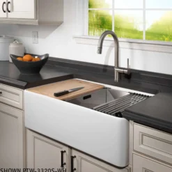 Houzer Aspire 33 inch White Fireclay Farmhouse Apron Front 50/50 Double Bowl Workstation Sink with Accessories - PTW-3320SD WH