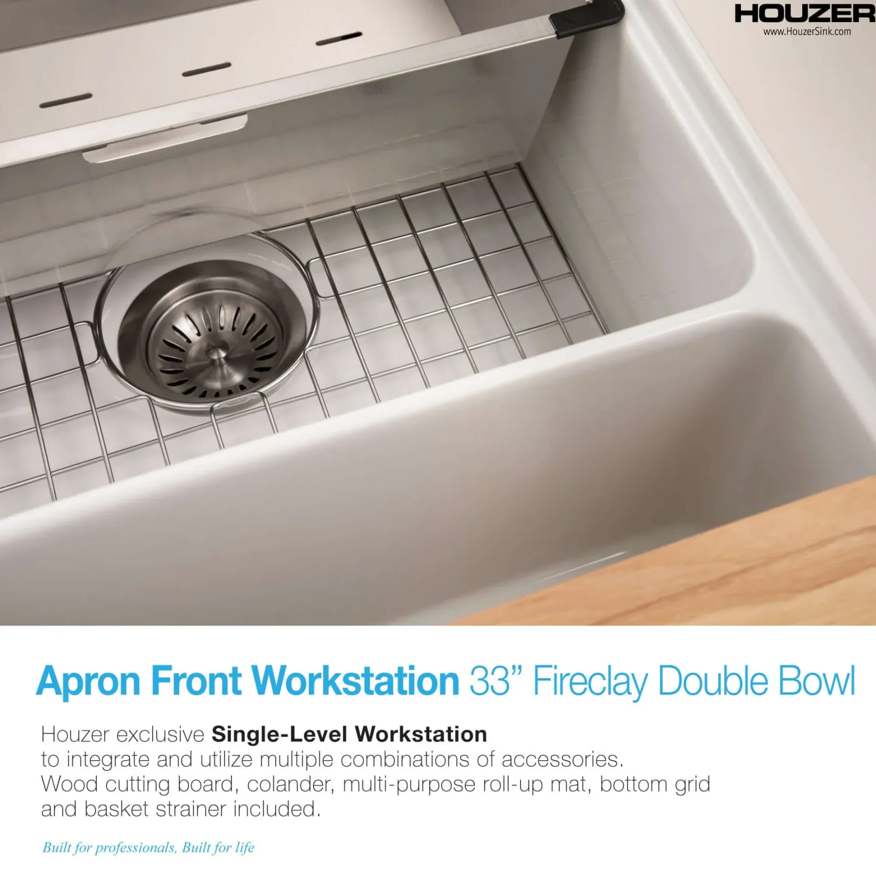 Houzer Aspire 33 inch White Fireclay Farmhouse Apron Front 50/50 Double Bowl Workstation Sink with Accessories - PTW-3320SD WH