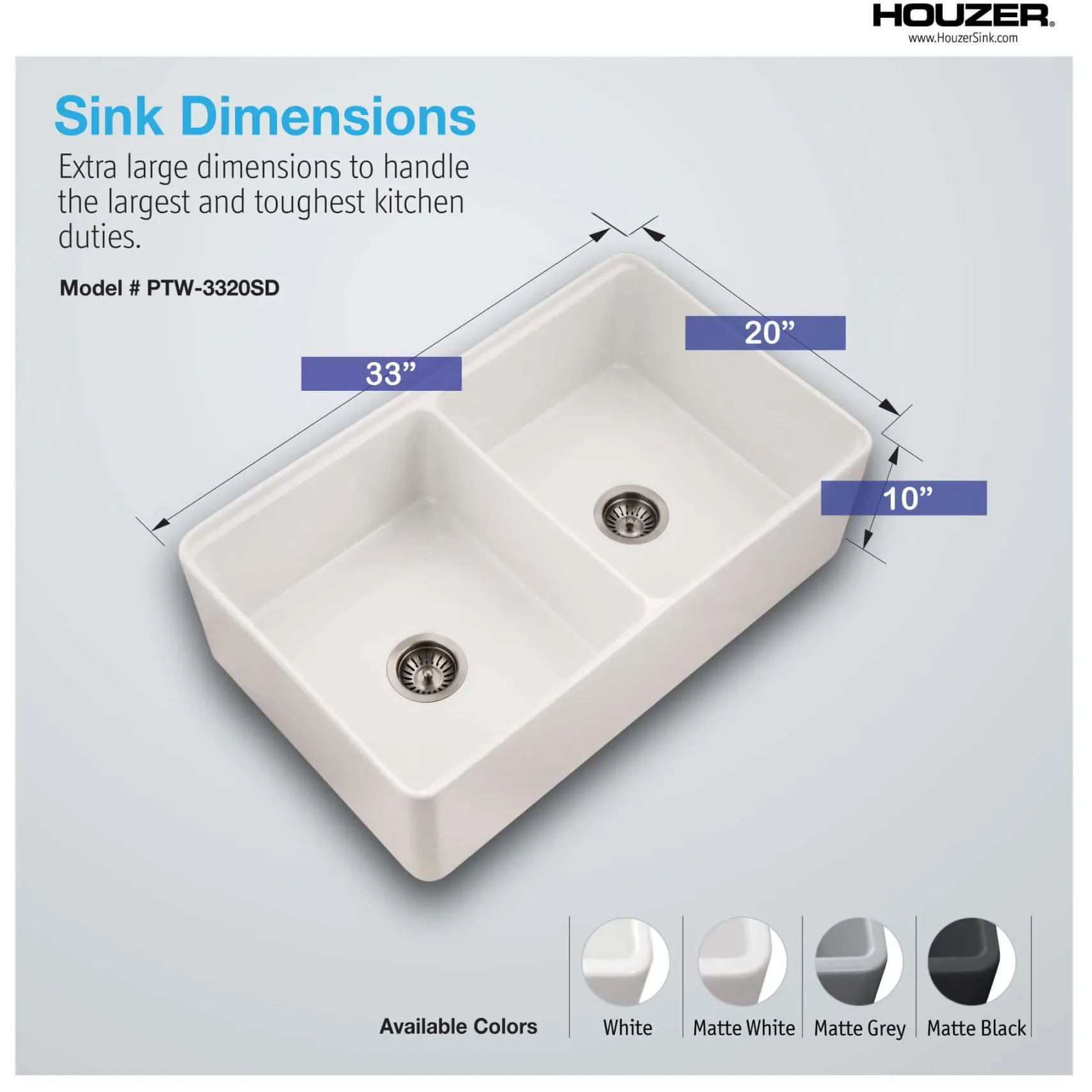 Houzer Aspire 33 inch White Fireclay Farmhouse Apron Front 50/50 Double Bowl Workstation Sink with Accessories - PTW-3320SD WH