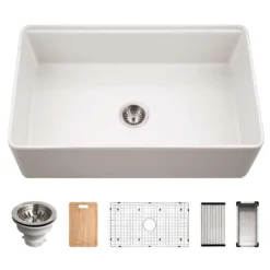 Houzer Aspire 33 inch White Fireclay Farmhouse Apron Front Single Bowl Workstation with Accessories - PTW-3320S WH