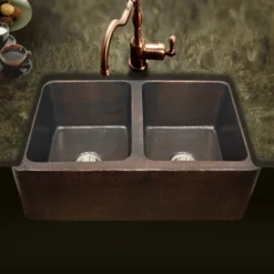 Houzer 34" Copper Double Bowl Farmhouse Apron Front Kitchen Sink, HW-COP12