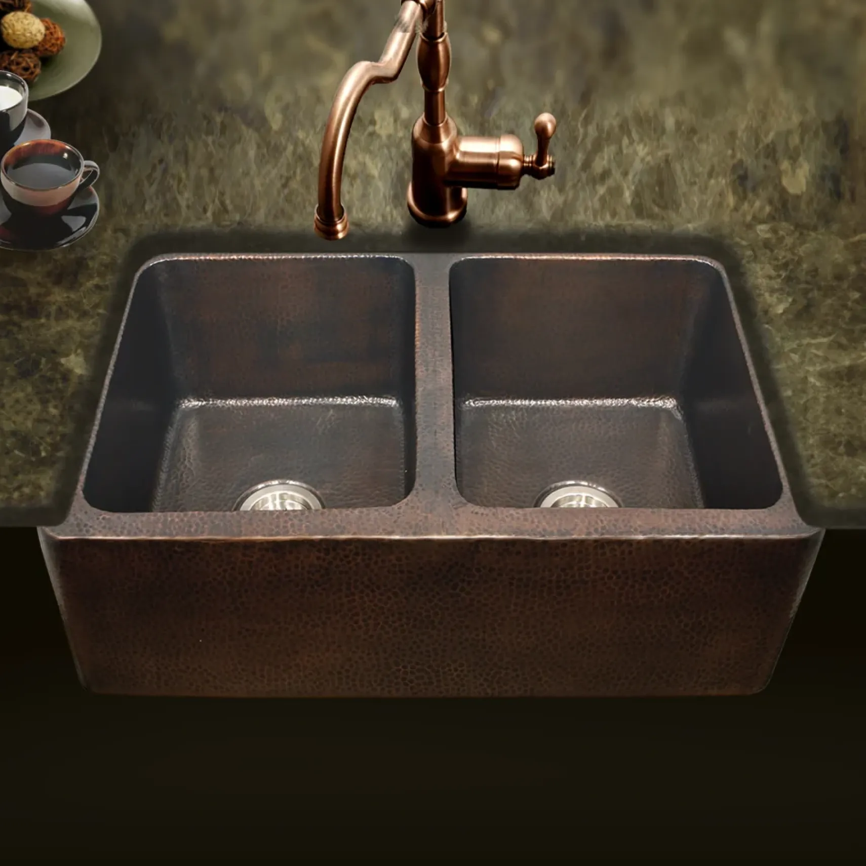 Houzer 34" Copper Double Bowl Farmhouse Apron Front Kitchen Sink, HW-COP12
