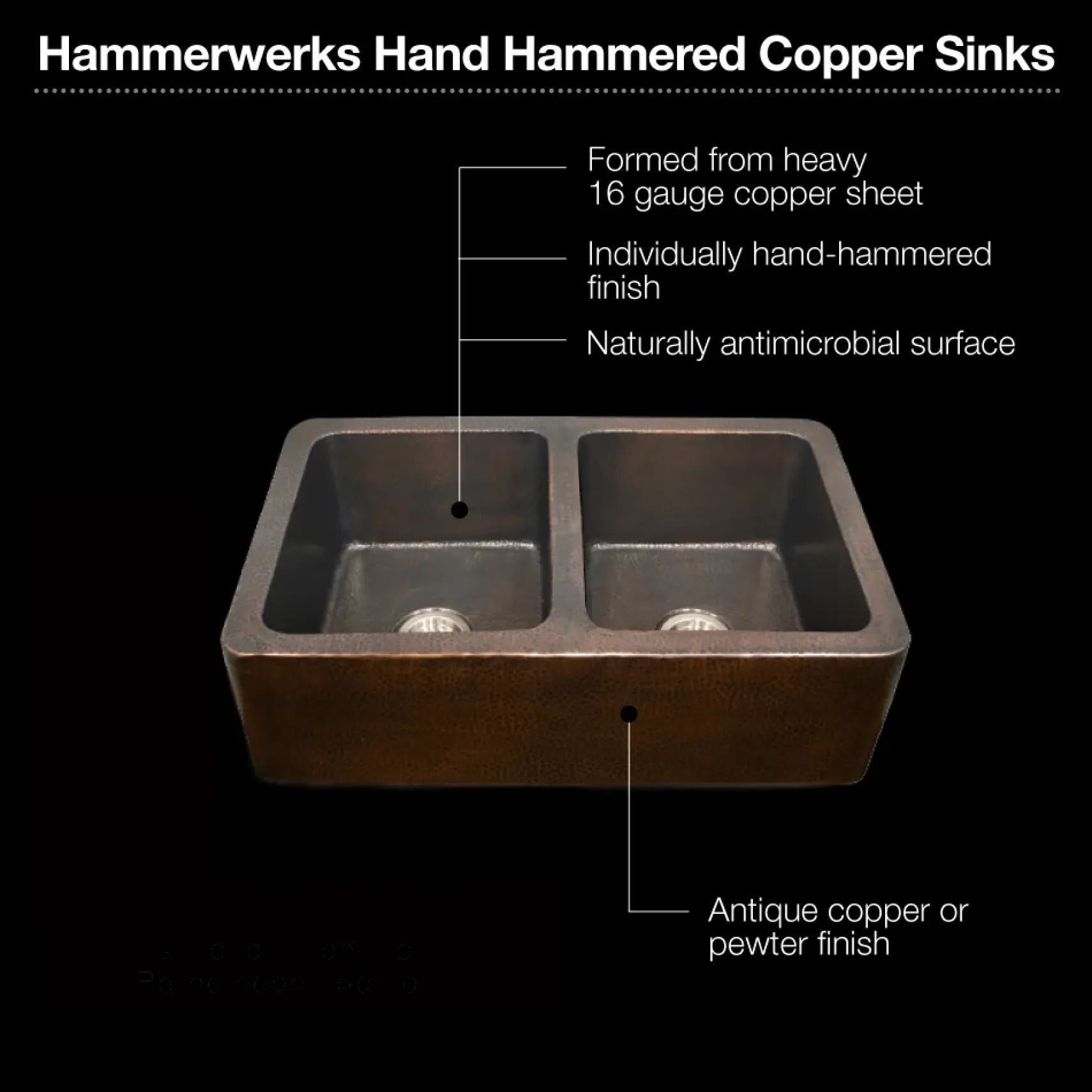 Houzer 34" Copper Double Bowl Farmhouse Apron Front Kitchen Sink, HW-COP12