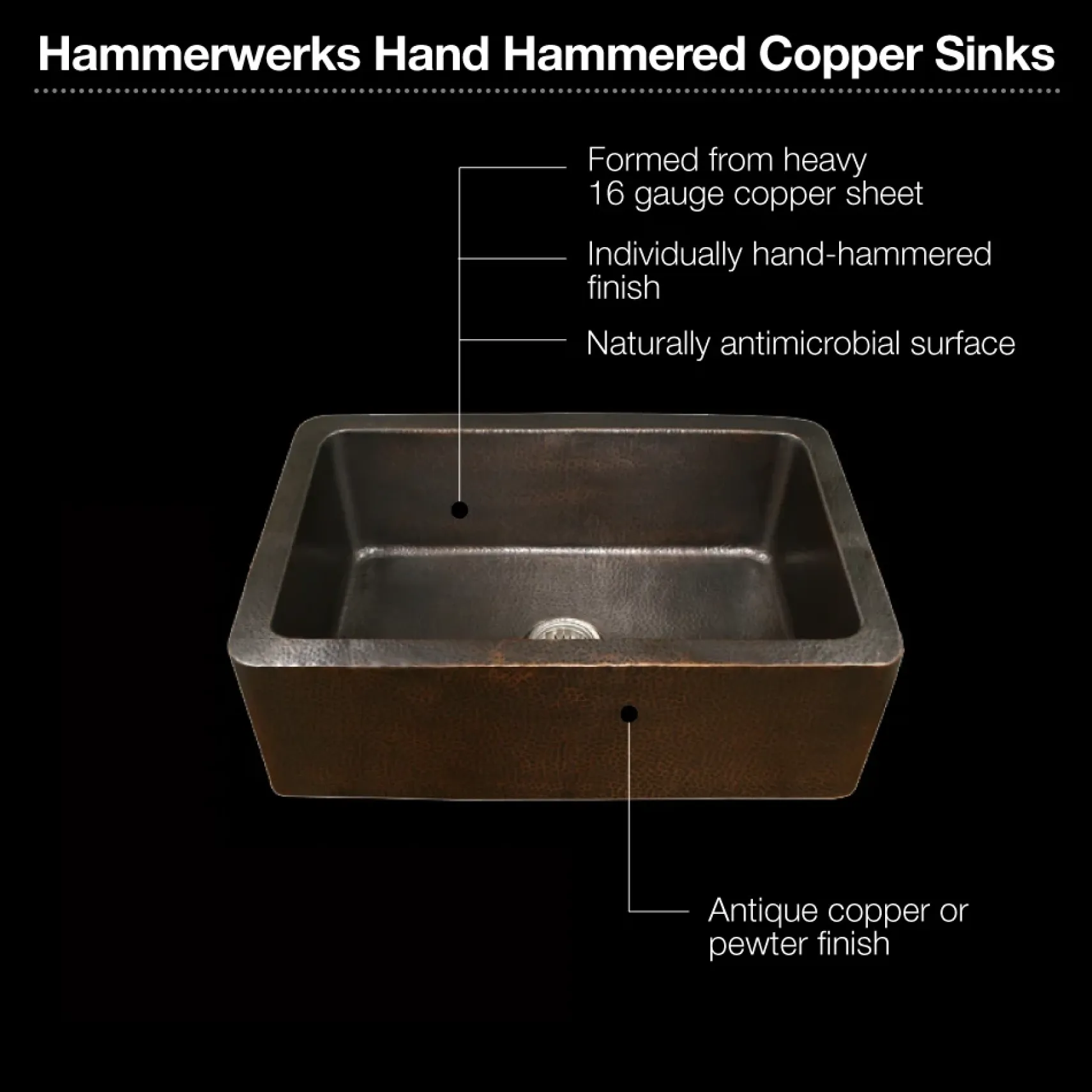 Houzer 32" Copper Single Bowl Farmhouse Apron Front Kitchen Sink, HW-COP11