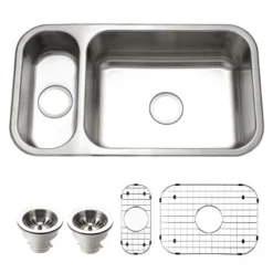 Houzer Elite 31 inch Stainless Steel Undermount 80/20 Small Left Double Bowl Kitchen Sink with Strainer & Grids - 20 Gauge, EHD-3118-C