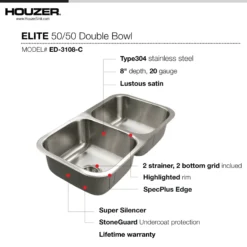 Houzer Elite 31 inch Stainless Steel Undermount 50/50 Double Bowl Kitchen Sink with Strainer & Grid - 20 Gauge, ED-3108-C