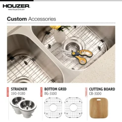 Houzer Elite 31 inch Stainless Steel Undermount 50/50 Double Bowl Kitchen Sink with Strainer & Grid - 20 Gauge, ED-3108-C