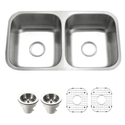 Houzer Eston 31 inch Stainless Steel Undermount 50/50 Double Bowl Kitchen Sink with Strainer & Grid - 18 Gauge, STD-2100-C