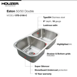 Houzer Eston 31 inch Stainless Steel Undermount 50/50 Double Bowl Kitchen Sink with Strainer & Grid - 18 Gauge, STD-2100-C