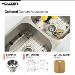Houzer Eston 31 inch Stainless Steel Undermount 50/50 Double Bowl Kitchen Sink with Strainer & Grid - 18 Gauge, STD-2100-C