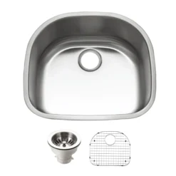 Houzer Eston 24 inch Stainless Steel Undermount Single D Bowl Kitchen Sink with Strainer & Grid - 18 Gauge, STS-1400-C