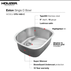 Houzer Eston 24 inch Stainless Steel Undermount Single D Bowl Kitchen Sink with Strainer & Grid - 18 Gauge, STS-1400-C