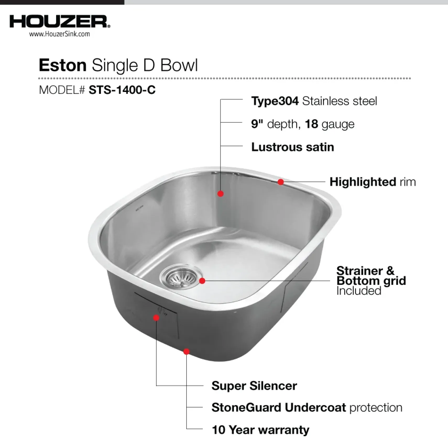Houzer Eston 24 inch Stainless Steel Undermount Single D Bowl Kitchen Sink with Strainer & Grid - 18 Gauge, STS-1400-C