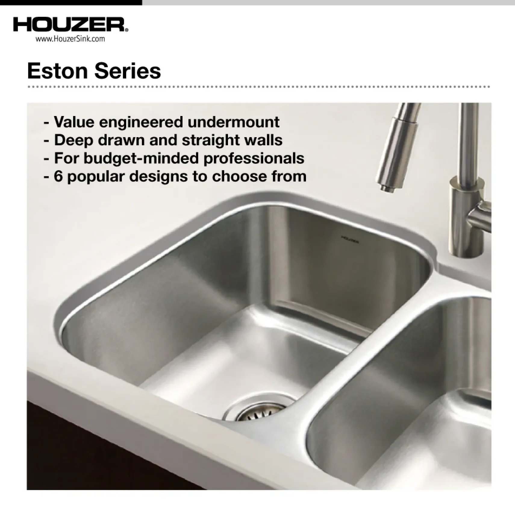 Houzer Eston 24 inch Stainless Steel Undermount Single D Bowl Kitchen Sink with Strainer & Grid - 18 Gauge, STS-1400-C