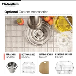 Houzer Eston 24 inch Stainless Steel Undermount Single D Bowl Kitchen Sink with Strainer & Grid - 18 Gauge, STS-1400-C