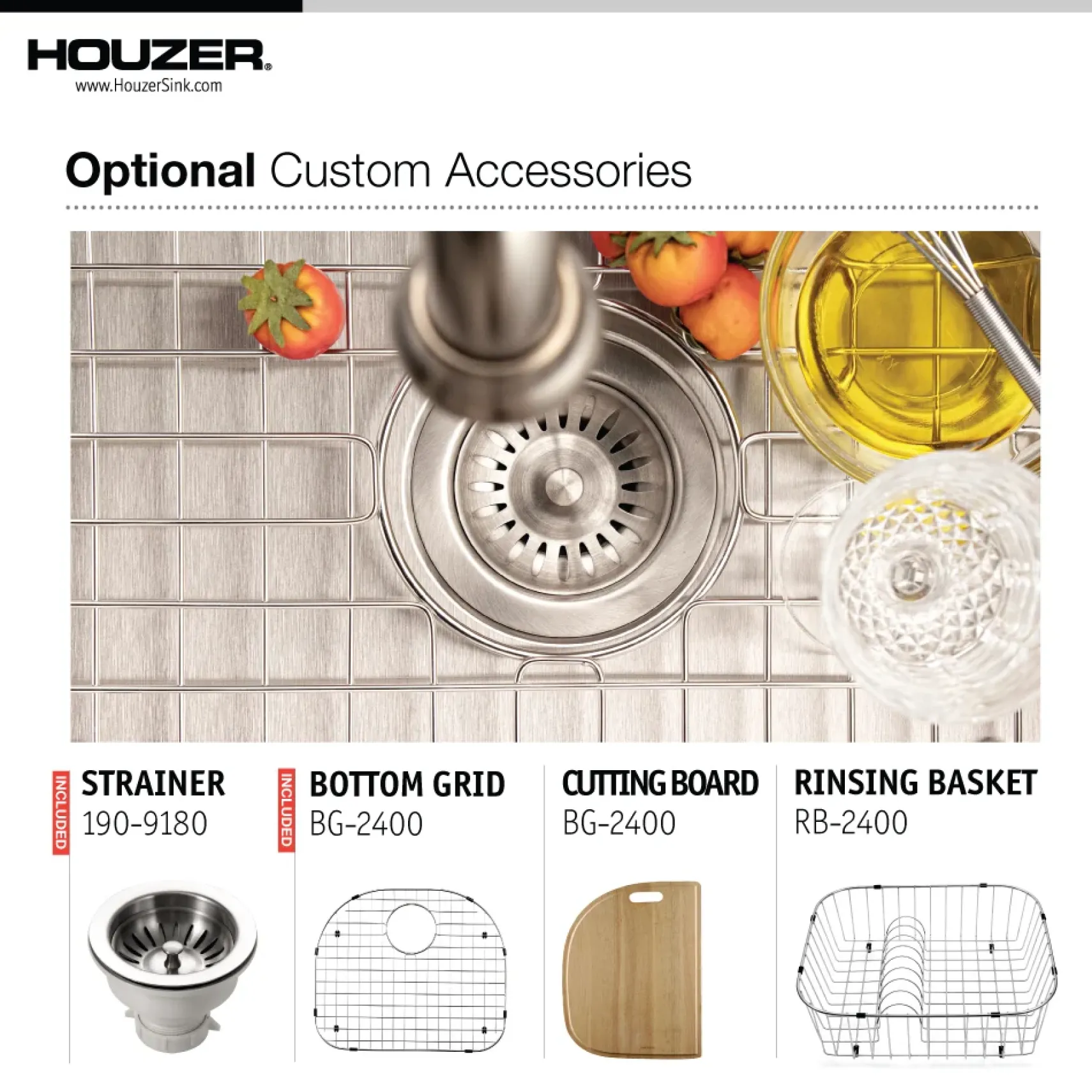 Houzer Eston 24 inch Stainless Steel Undermount Single D Bowl Kitchen Sink with Strainer & Grid - 18 Gauge, STS-1400-C