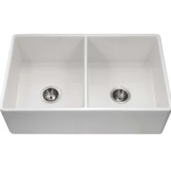 Houzer 33" Fireclay 50/50 Double Bowl Farmhouse Kitchen Sink, White, Platus Series, PTD-4400 WH