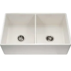 Houzer 33" Fireclay 50/50 Double Bowl Farmhouse Kitchen Sink, Biscuit, Platus Series, PTD-4400 BQ
