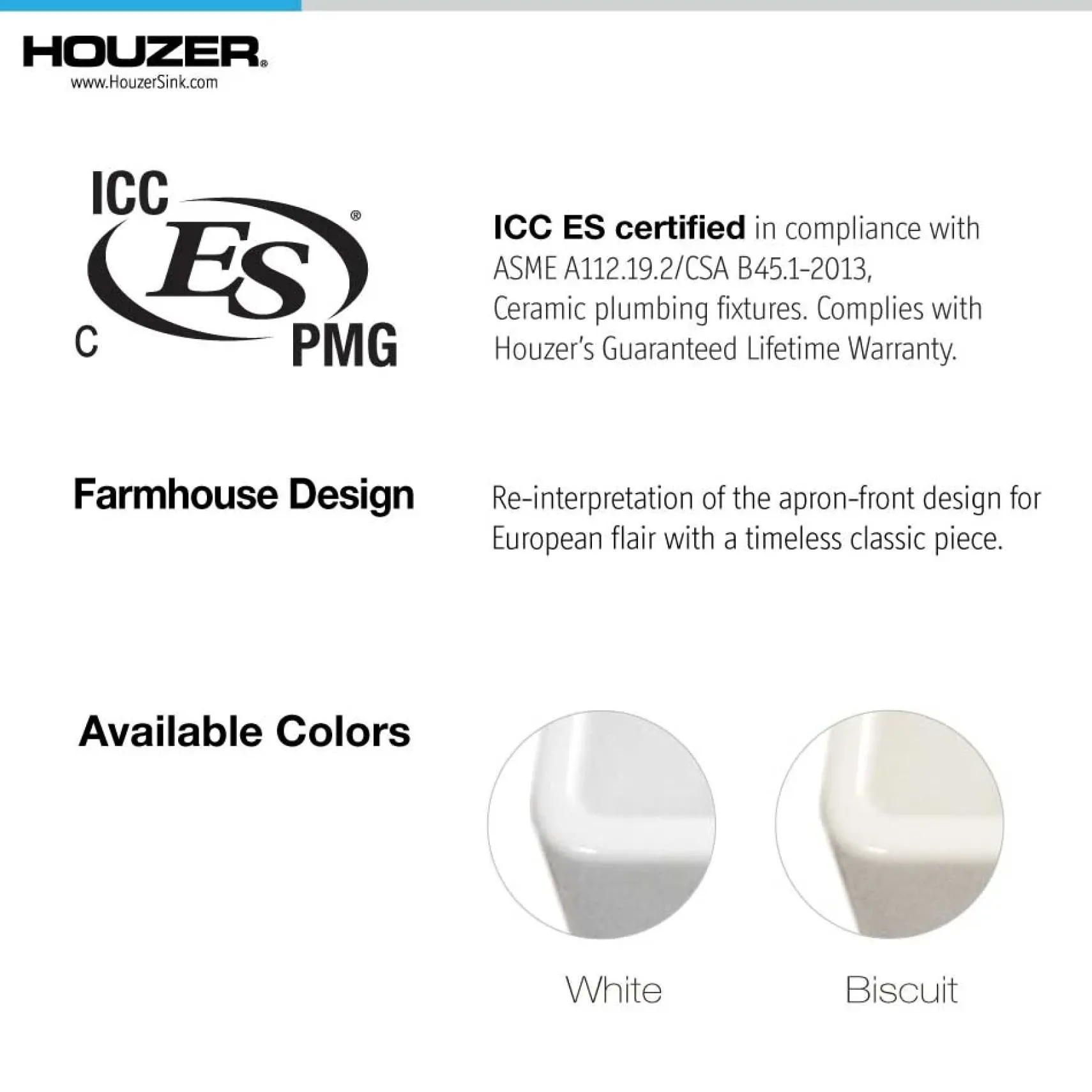Houzer 33" Fireclay 50/50 Double Bowl Farmhouse Kitchen Sink, Biscuit, Platus Series, PTD-4400 BQ