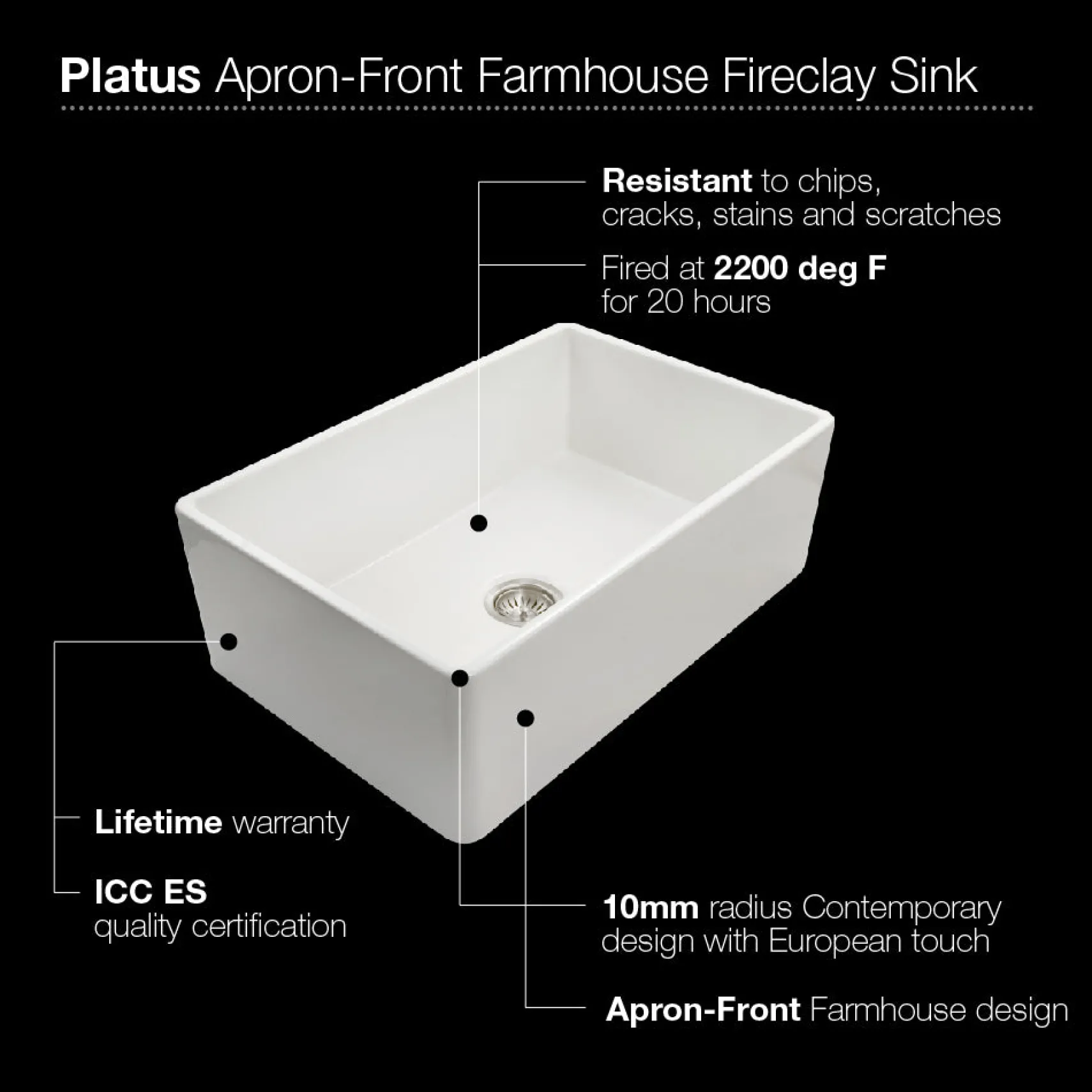 Houzer 30" Fireclay Farmhouse Apron Front Single Bowl Kitchen Sink, White, PTS-4100 WH