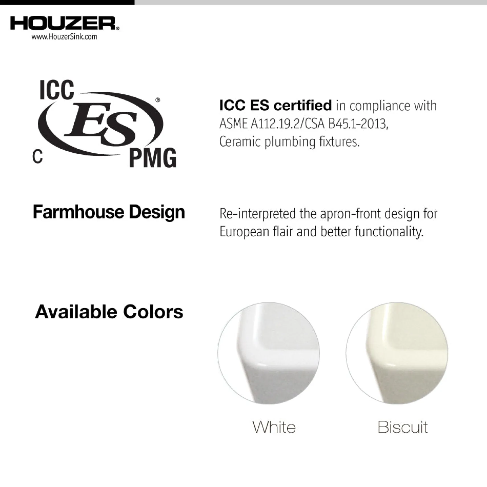 Houzer 30" Fireclay Farmhouse Apron Front Single Bowl Kitchen Sink, White, PTS-4100 WH