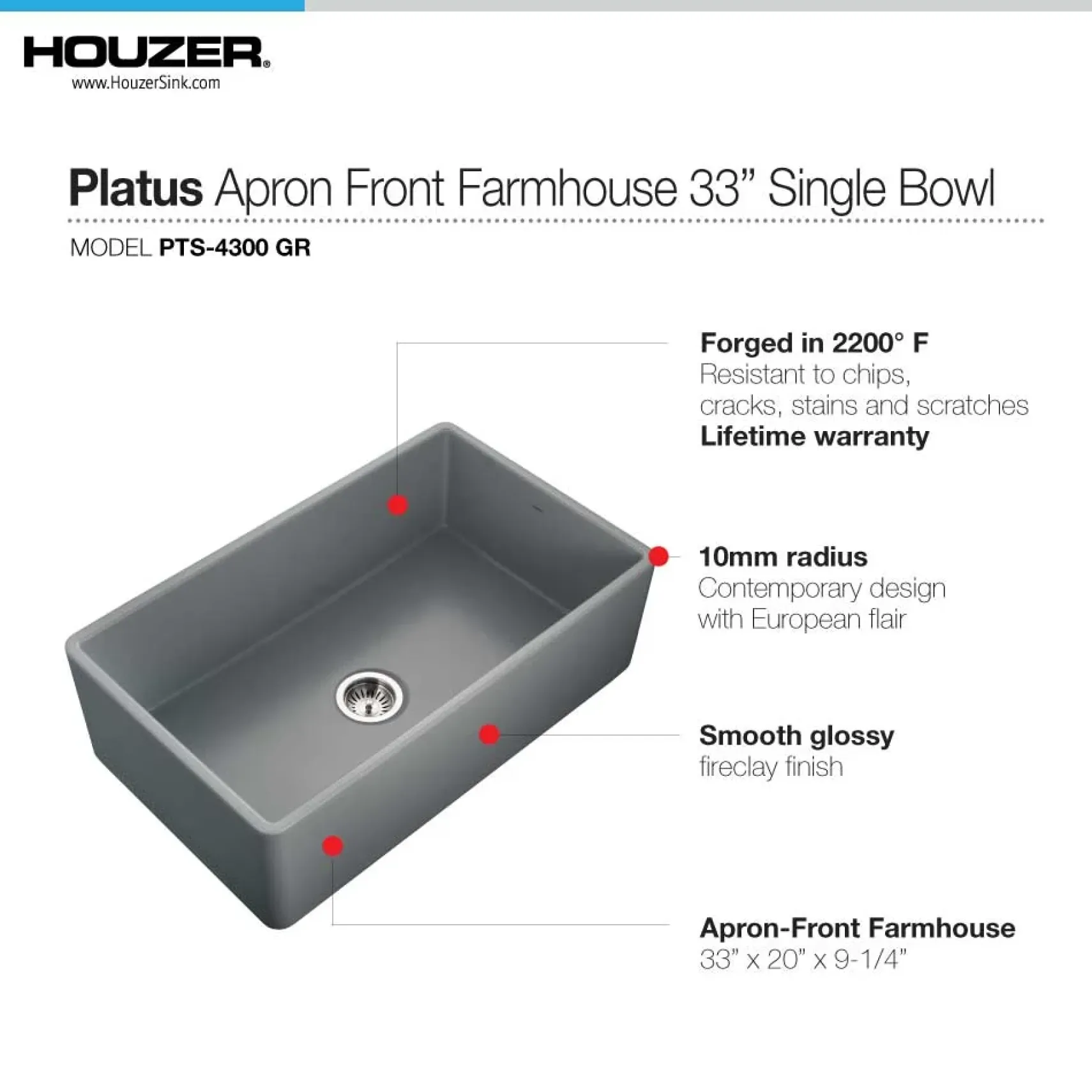 Houzer 33" Fireclay Single Bowl Farmhouse Kitchen Sink, Gray, Platus Series, PTG-4300 GR