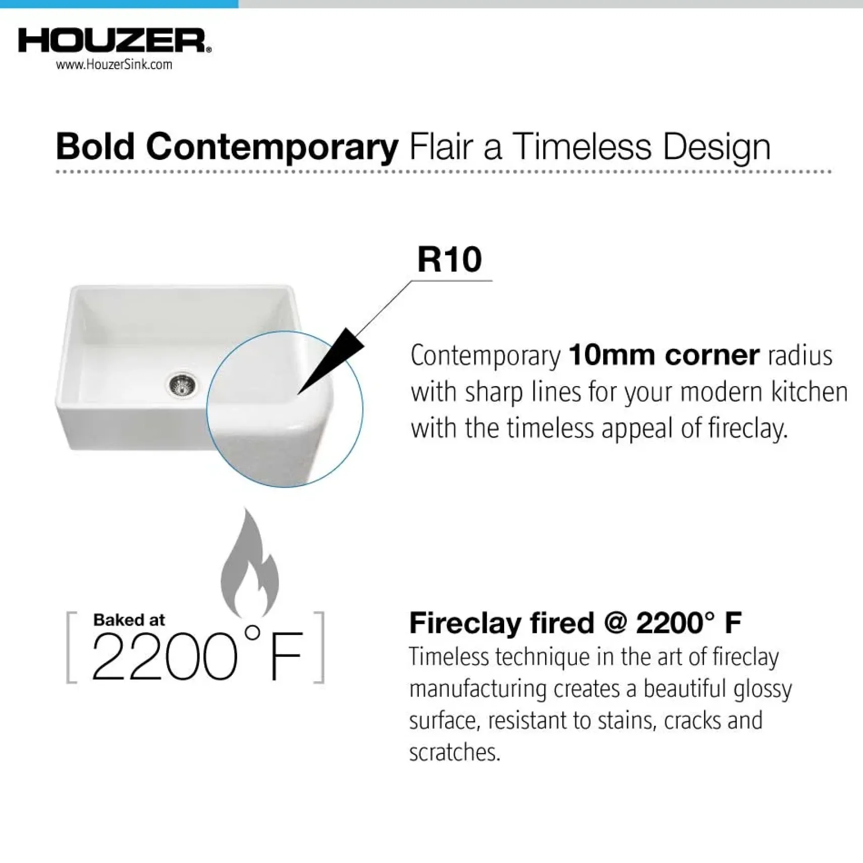 Houzer 26" Fireclay Single Bowl Farmhouse Kitchen Sink, White, Platus Series, PTS-2600 WH