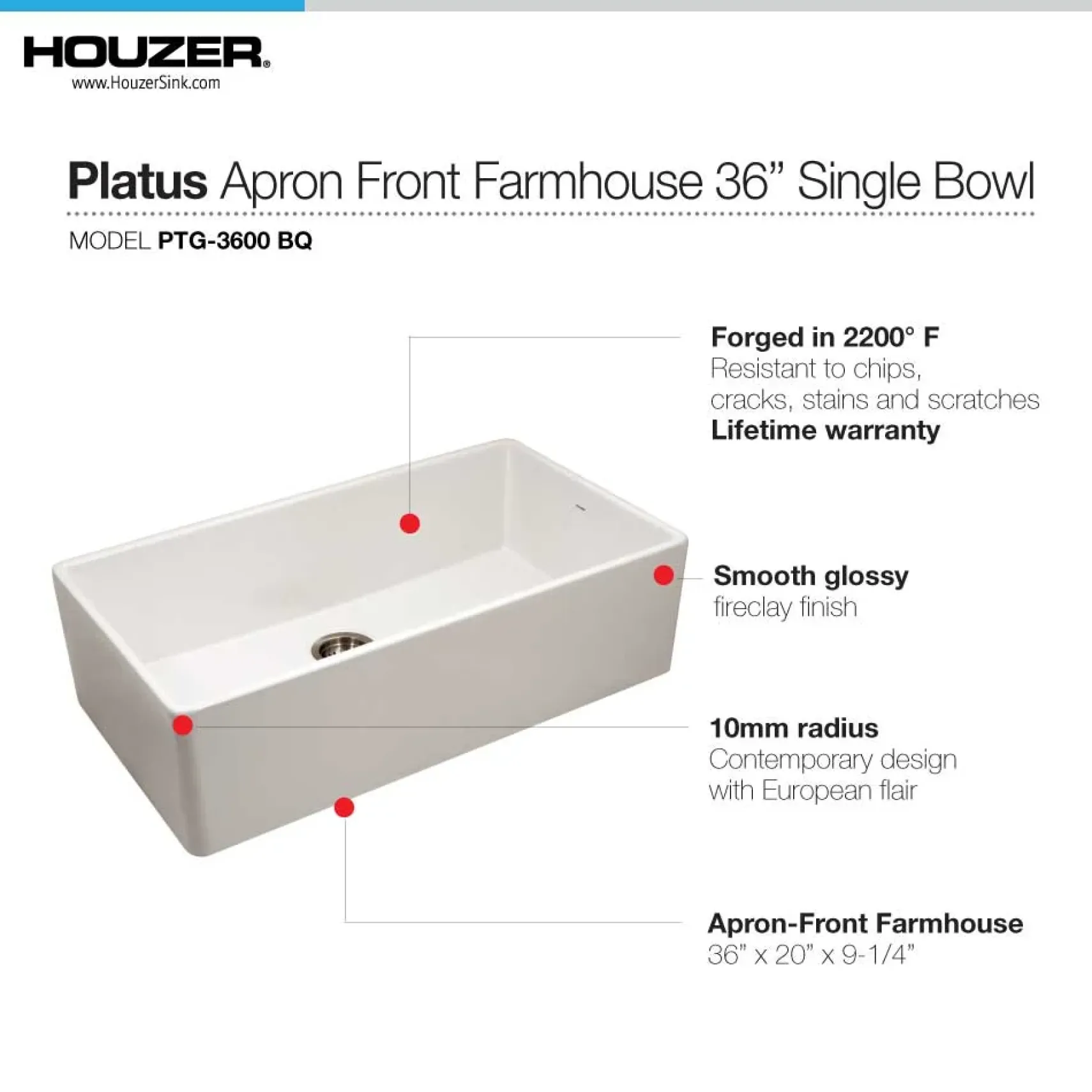 Houzer 36" Fireclay Single Bowl Farmhouse Kitchen Sink, Biscuit, Platus Series, PTG-3600 BQ