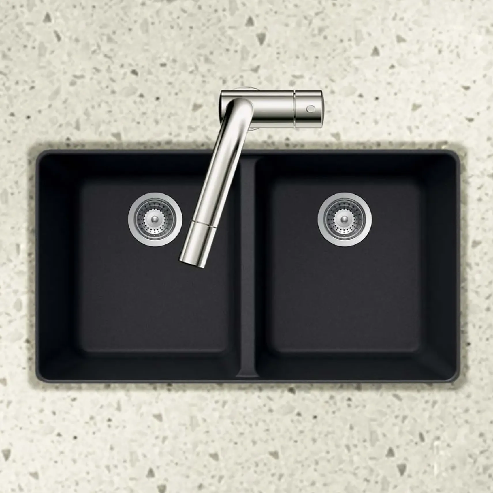 Houzer 33" Granite Undermount 50/50 Double Bowl Kitchen Sink, Black, M-200U MIDNITE