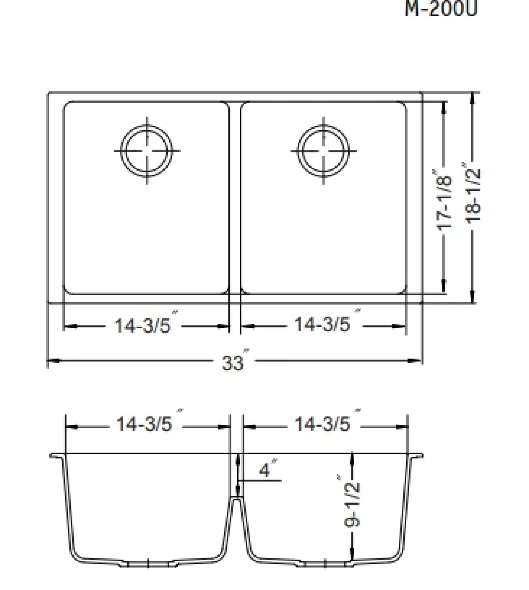 Houzer 33" Granite Undermount 50/50 Double Bowl Kitchen Sink, Black, M-200U MIDNITE