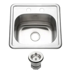 Houzer Hospitality 15" Stainless Steel Drop-in Topmount 2-hole Single Bowl Bar Sink with Strainer - 23 Gauge, 1515-6BS-C