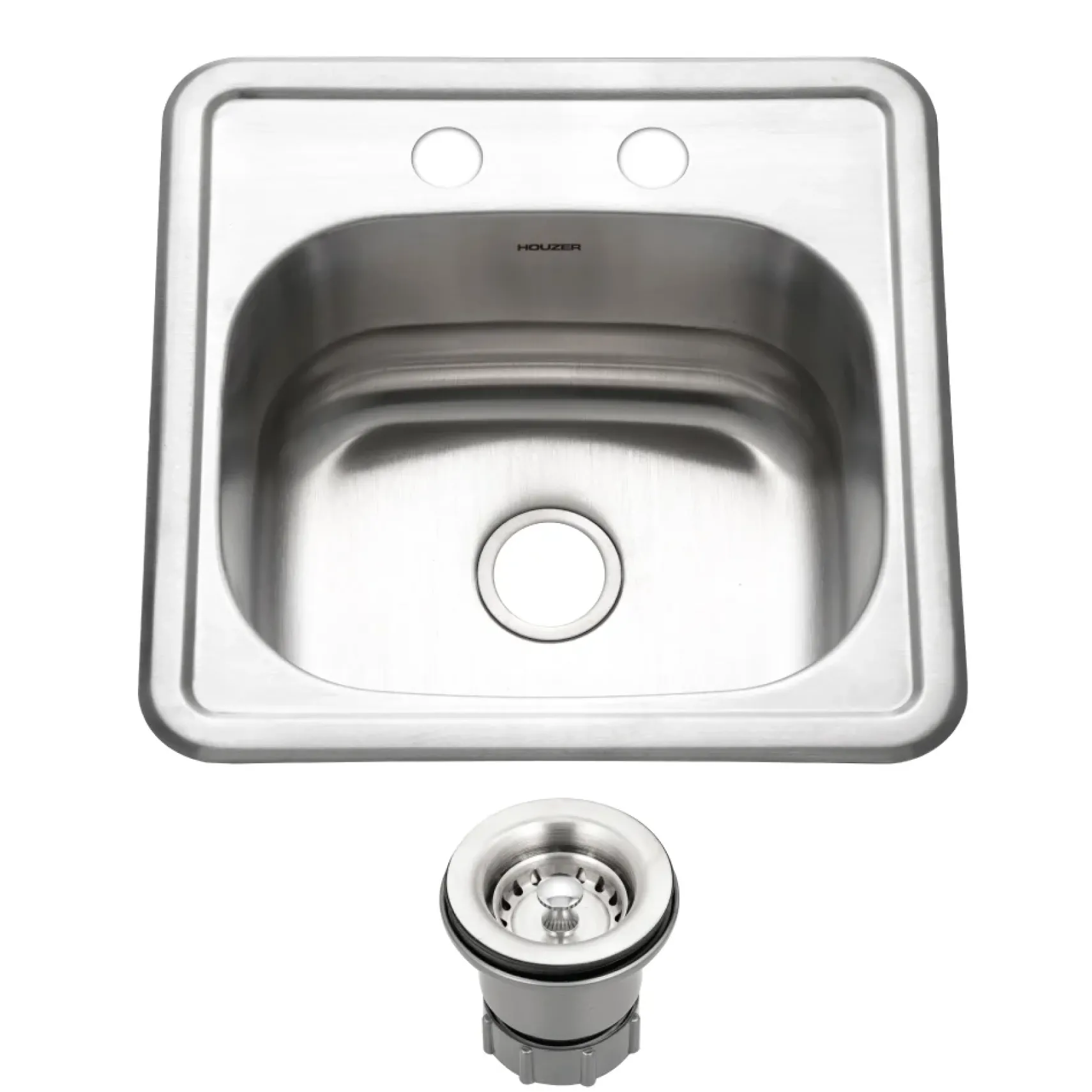 Houzer Hospitality 15" Stainless Steel Drop-in Topmount 2-hole Single Bowl Bar Sink with Strainer - 23 Gauge, 1515-6BS-C