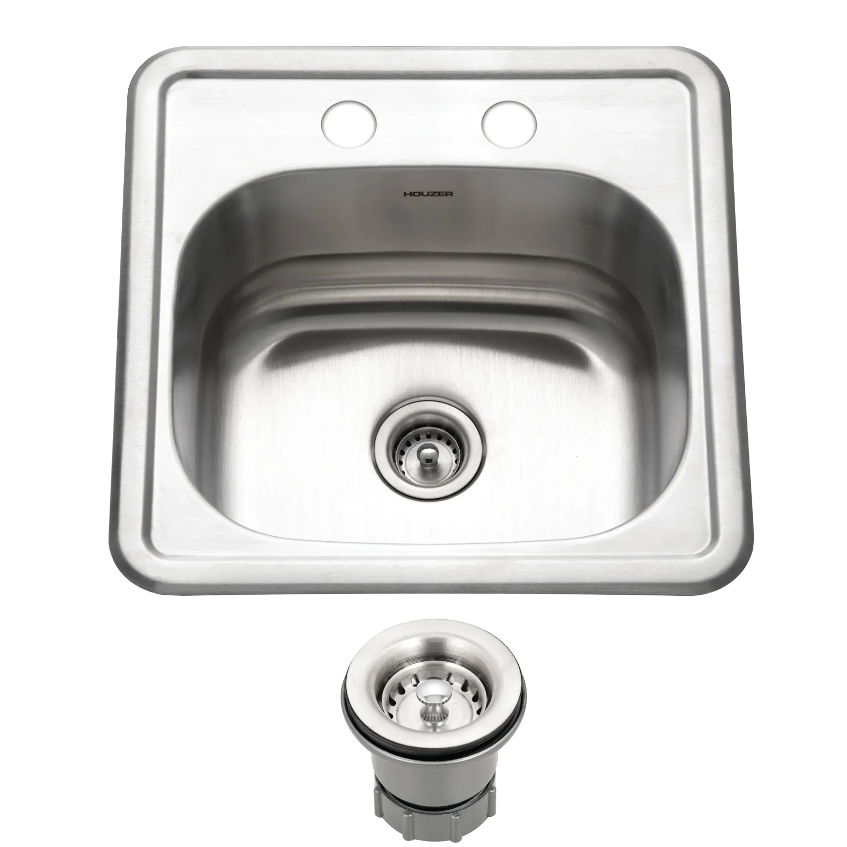 Houzer Hospitality 15" Stainless Steel Drop-in Topmount 2-hole Single Bowl Bar Sink with Strainer - 23 Gauge, 1515-6BS-C