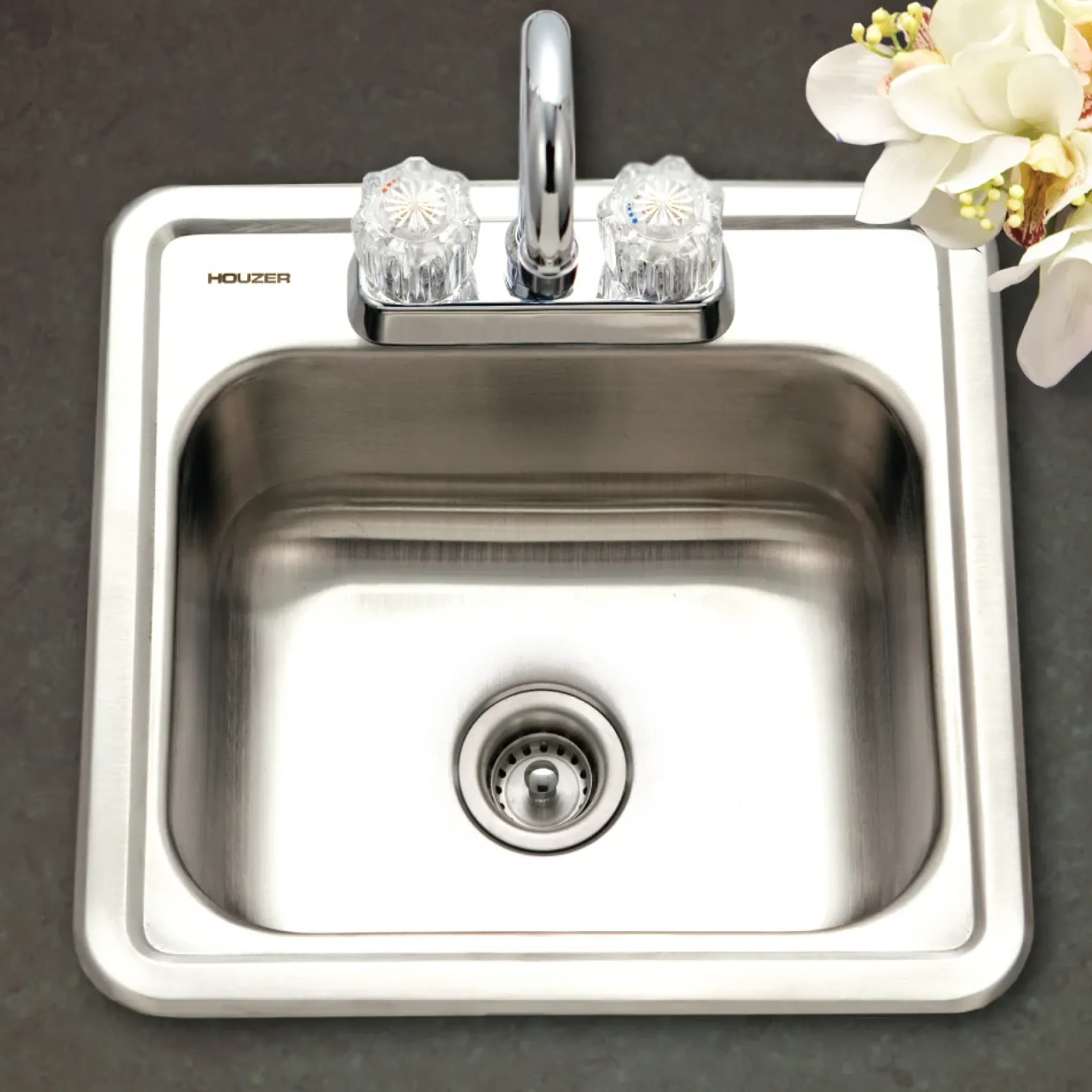 Houzer Hospitality 15" Stainless Steel Drop-in Topmount 2-hole Single Bowl Bar Sink with Strainer - 23 Gauge, 1515-6BS-C