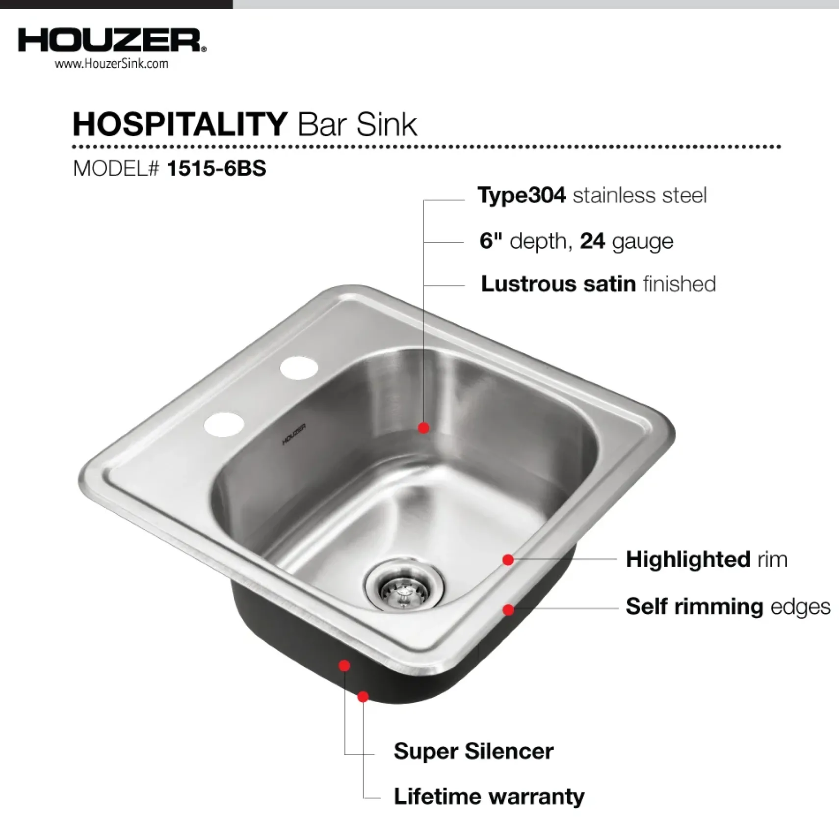 Houzer Hospitality 15" Stainless Steel Drop-in Topmount 2-hole Single Bowl Bar Sink with Strainer - 23 Gauge, 1515-6BS-C